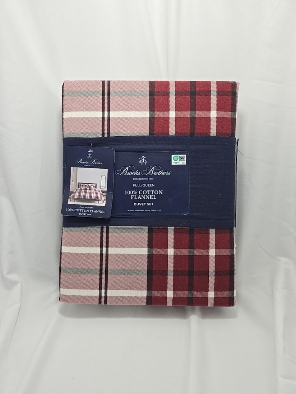 NWT Brooks Brothers Full Queen 100% Cotton Flannel Duvet 3 Pc Set Red White